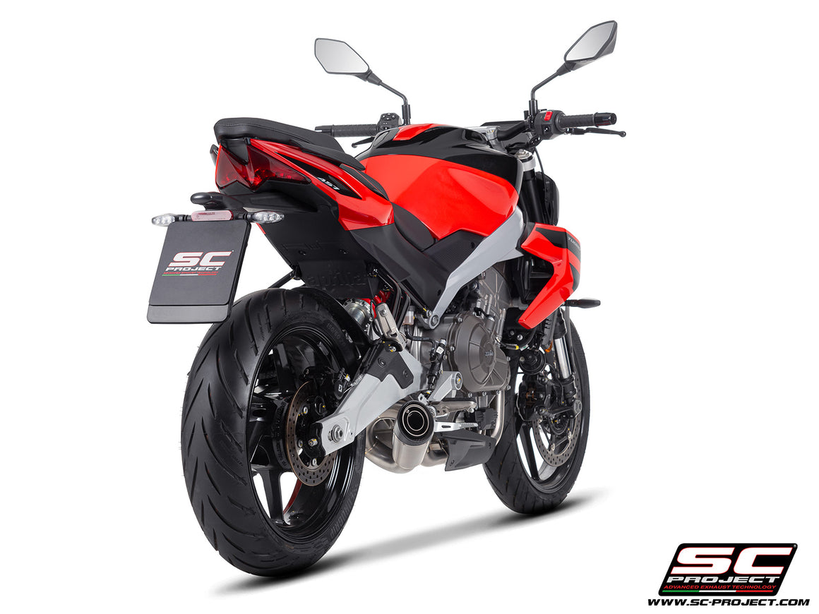 Aprilia Tuono 457 with SC-Project full exhaust system stainless steel, with S1 stainless steel exhaust, 3/4 rear view
