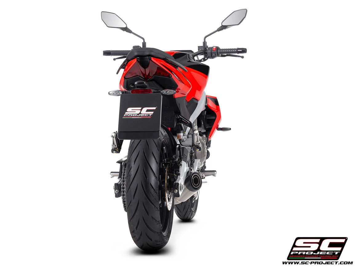 Aprilia Tuono 457 with SC-Project full exhaust system stainless steel, with S1 stainless steel exhaust, 3/4 rear view