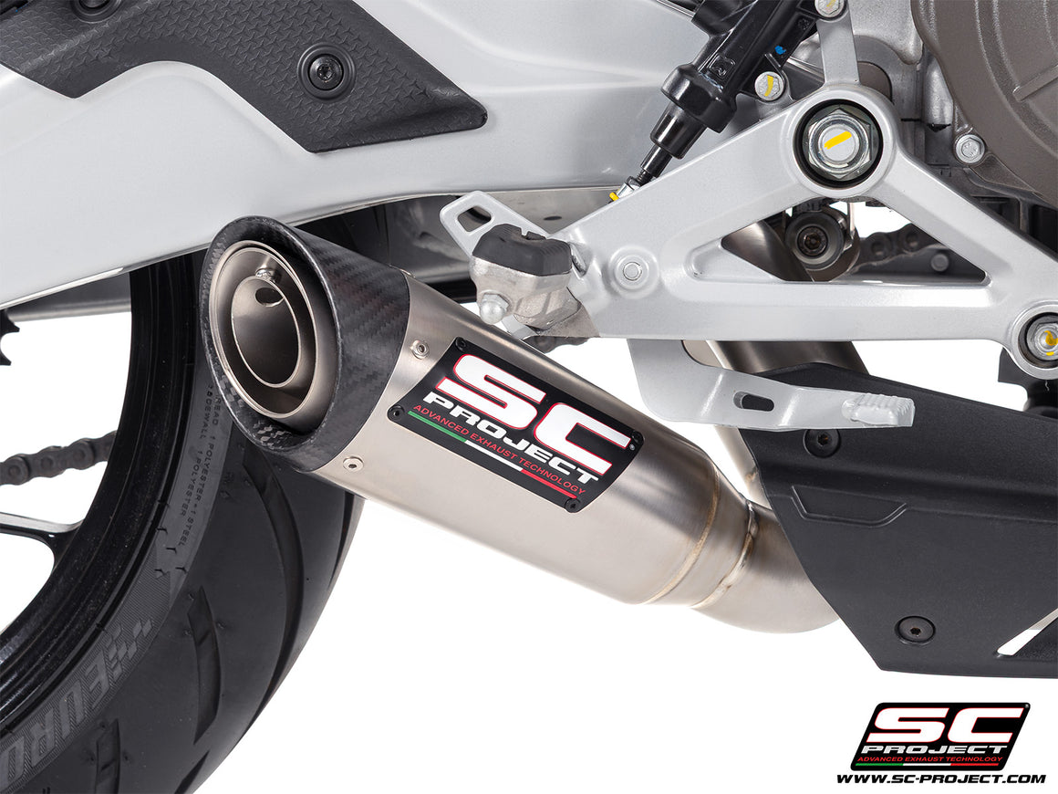 Aprilia Tuono 457 with SC-Project full exhaust system stainless steel, with S1 stainless steel exhaust, 3/4 rear view