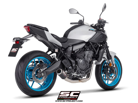 Yamaha MT-07 with SC-Project full exhaust system stainless steel, with CR-T carbon fibre exhaust, 3/4 rear view