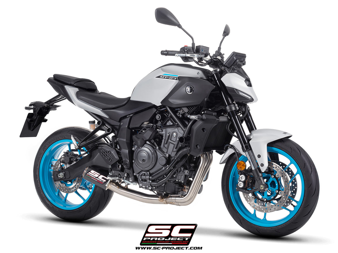 Yamaha MT-07 with SC-Project full exhaust system stainless steel, with CR-T carbon fibre exhaust, 3/4 rear view