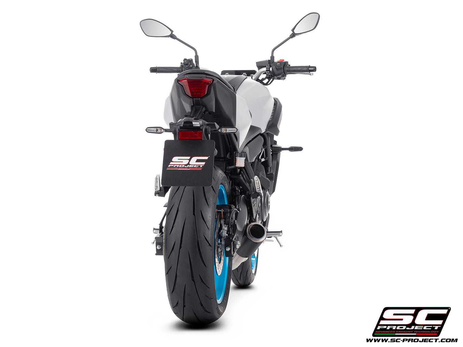 Yamaha MT-07 with SC-Project full exhaust system stainless steel, with CR-T carbon fibre exhaust, 3/4 rear view