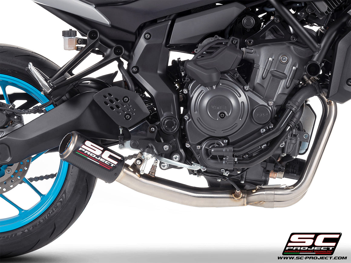 Yamaha MT-07 with SC-Project full exhaust system stainless steel, with CR-T carbon fibre exhaust, 3/4 rear view
