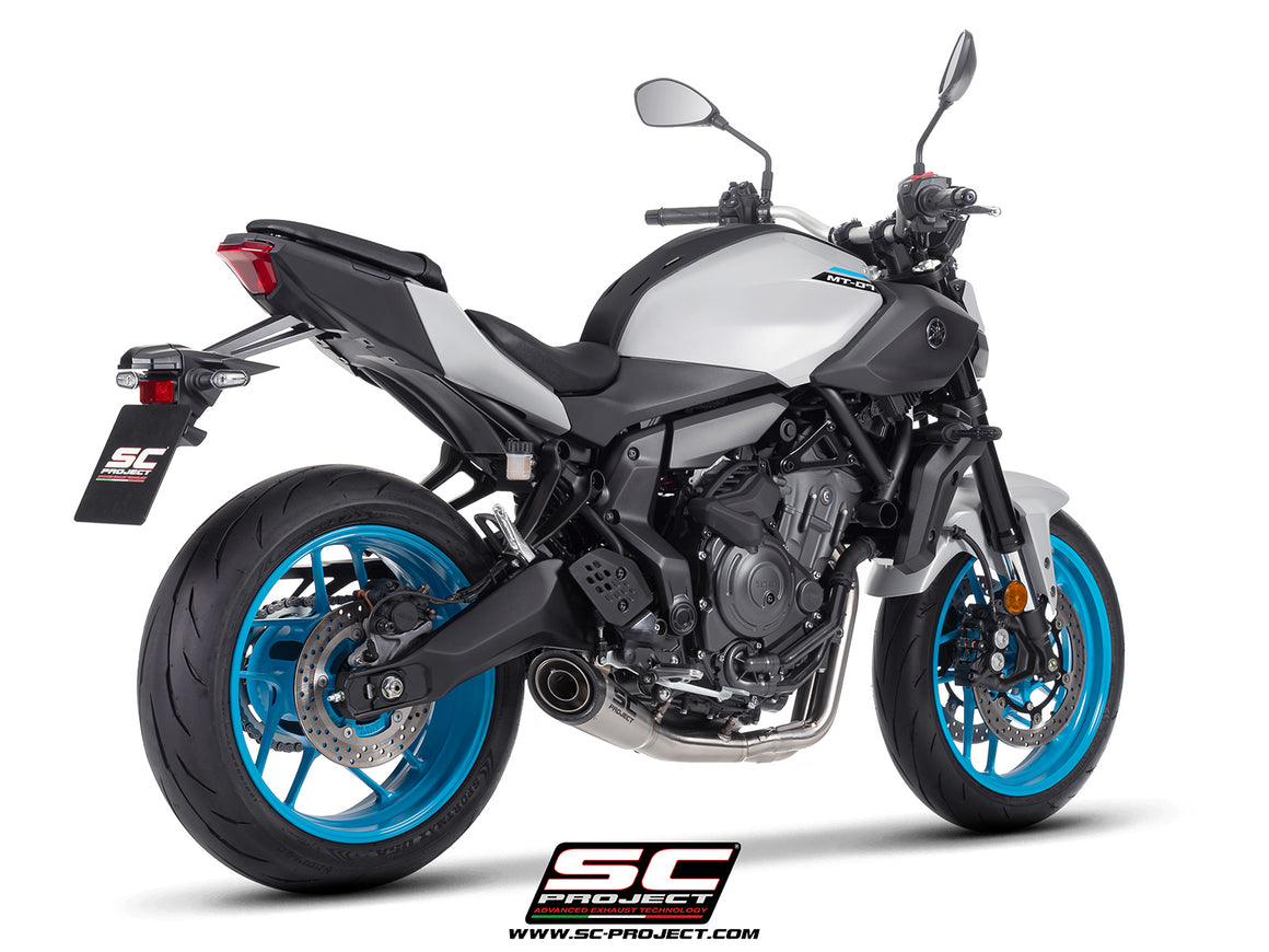Yamaha MT-07 with SC-Project full exhaust system stainless steel, with S1 stainless steel exhaust, 3/4 rear view