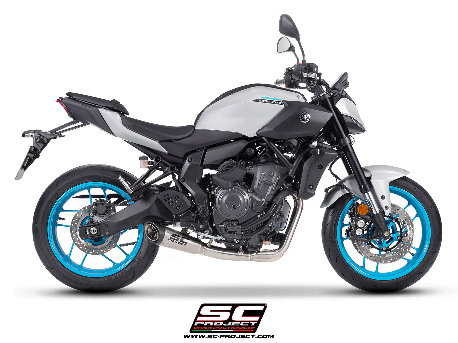 Yamaha MT-07 with SC-Project full exhaust system stainless steel, with S1 stainless steel exhaust, 3/4 rear view