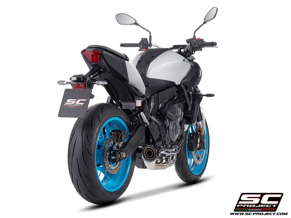 Yamaha MT-07 with SC-Project full exhaust system stainless steel, with S1 stainless steel exhaust, 3/4 rear view
