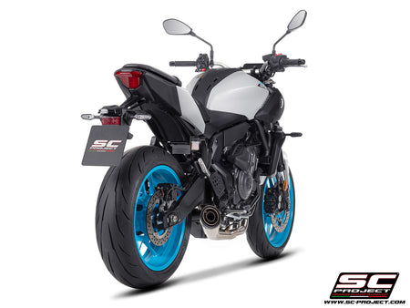 Yamaha MT-07 with SC-Project full exhaust system stainless steel, with S1 stainless steel exhaust, 3/4 rear view