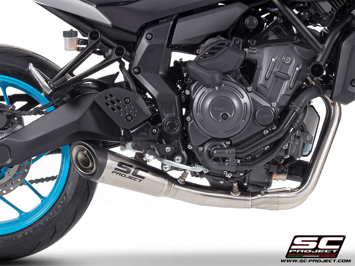 Yamaha MT-07 with SC-Project full exhaust system stainless steel, with S1 stainless steel exhaust, 3/4 rear view
