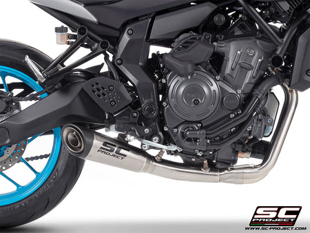 Yamaha MT-07 with SC-Project full exhaust system stainless steel, with S1 stainless steel exhaust, 3/4 rear view