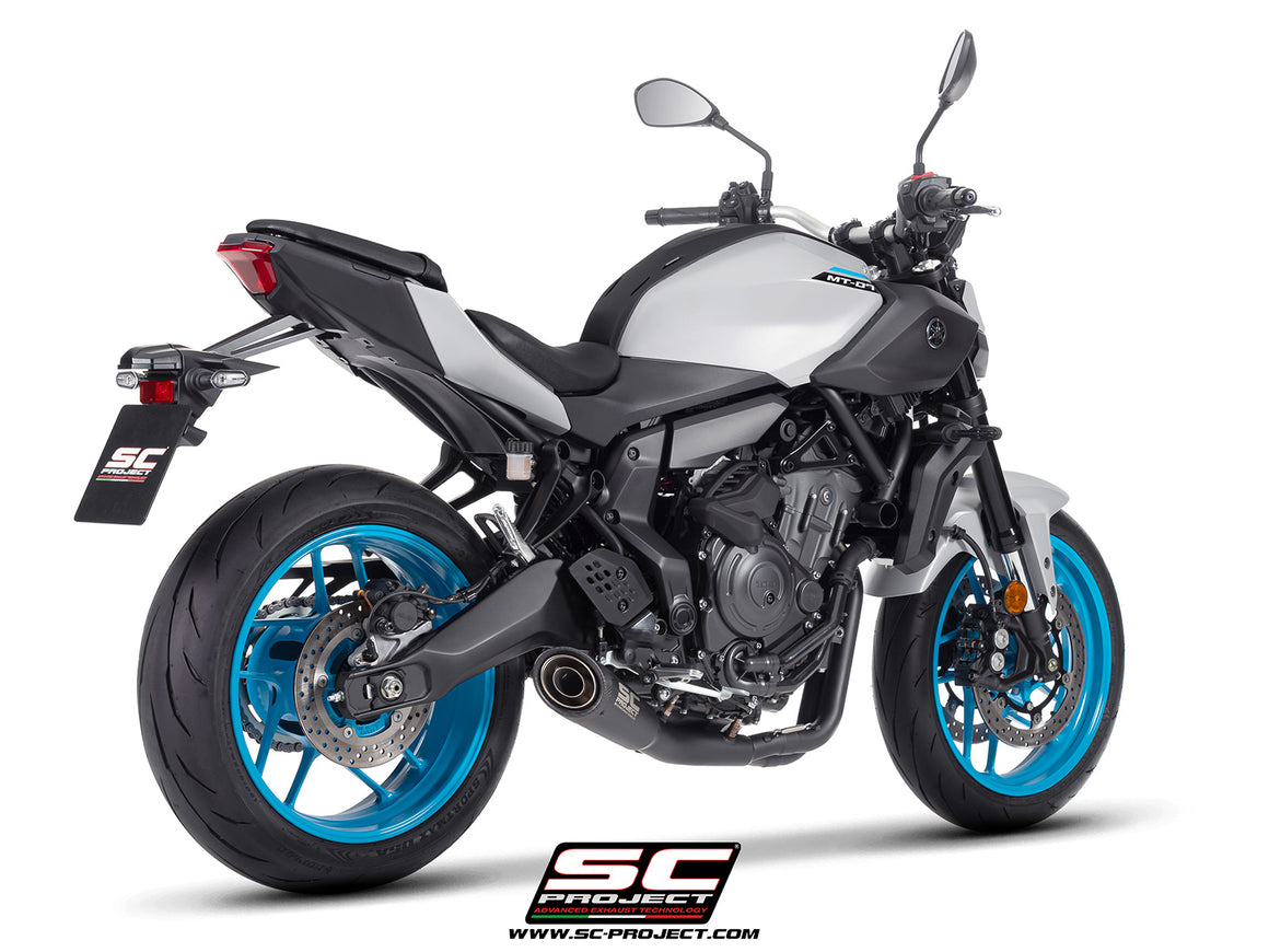 Yamaha MT-07 with SC-Project full exhaust system stainless steel, with S1 stainless steel matt black exhaust, 3/4 rear view