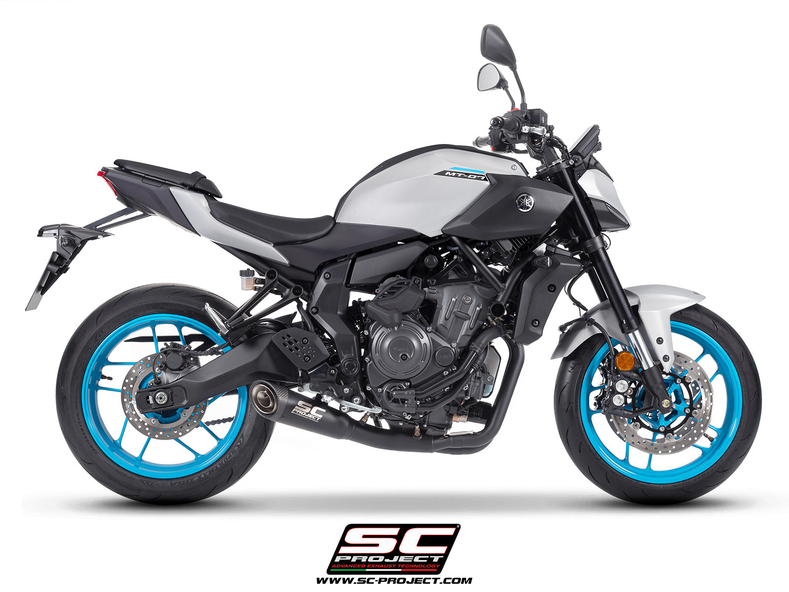 Yamaha MT-07 with SC-Project full exhaust system stainless steel, with S1 stainless steel matt black exhaust, 3/4 rear view