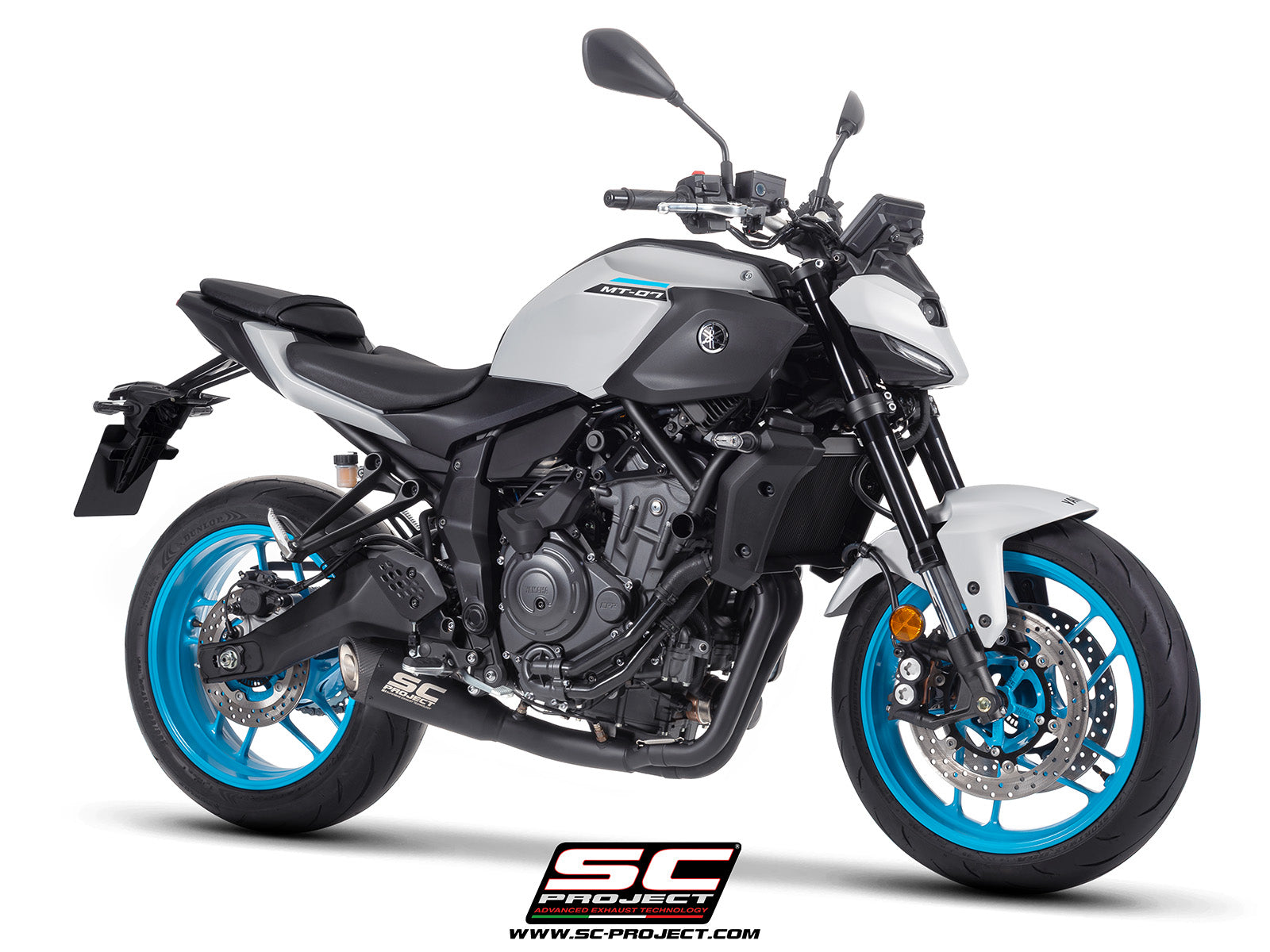 Yamaha MT-07 with SC-Project full exhaust system stainless steel, with S1 stainless steel matt black exhaust, 3/4 rear view