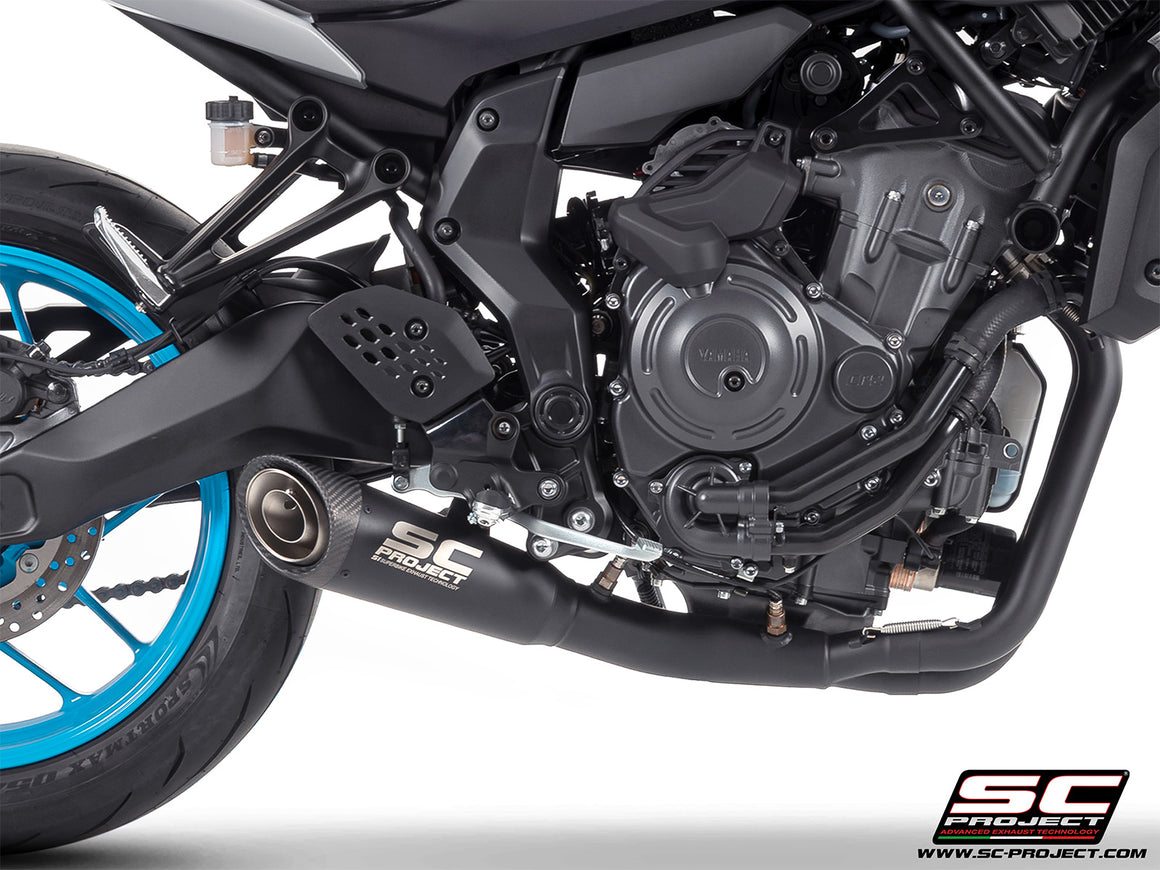 Yamaha MT-07 with SC-Project full exhaust system stainless steel, with S1 stainless steel matt black exhaust, 3/4 rear view