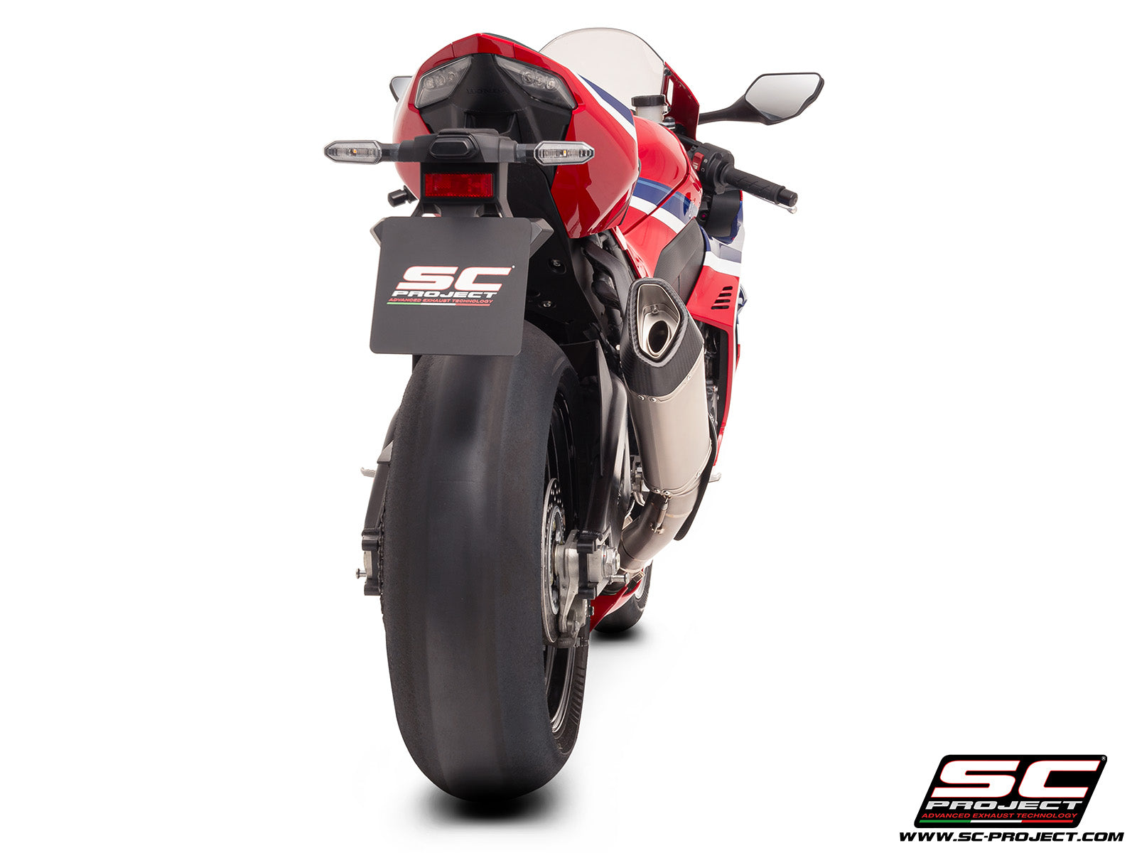 Honda CBR1000RR-R with SC-Project SC1-R (250mm) titanium exhaust, 3/4 rear view
