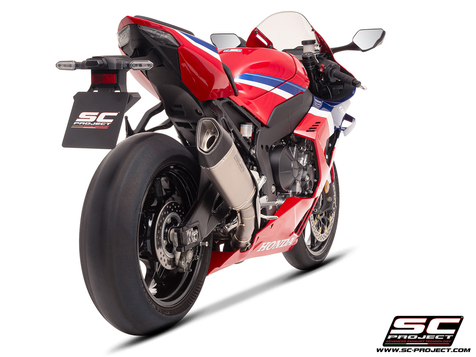 Honda CBR1000RR-R with SC-Project SC1-R (250mm) titanium exhaust, 3/4 rear view