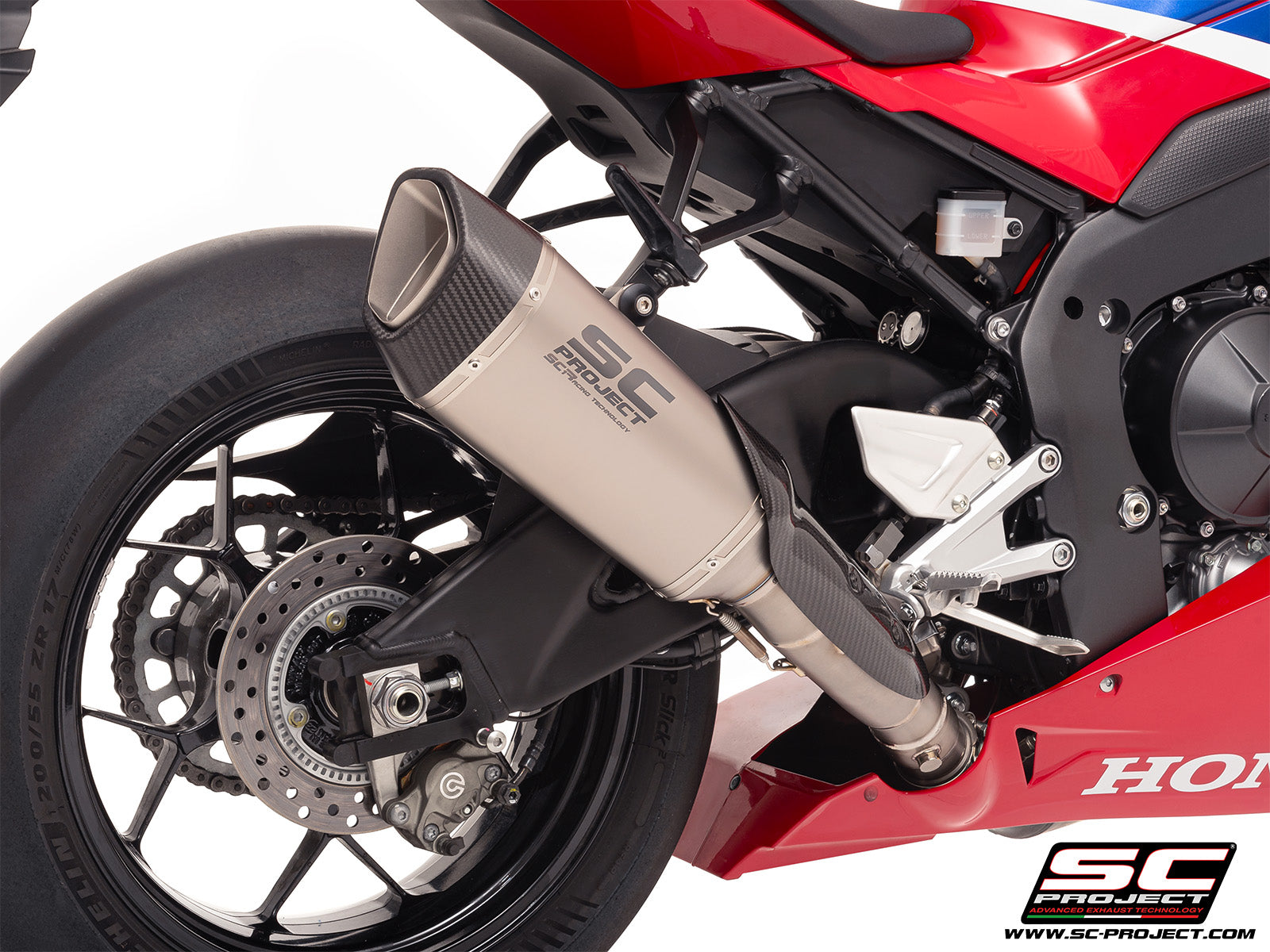 Honda CBR1000RR-R with SC-Project SC1-R (250mm) titanium exhaust, 3/4 rear view