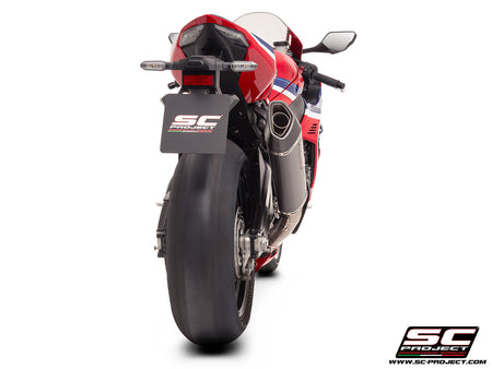 Honda CBR1000RR-R with SC-Project SC1-R (350mm) carbon fibre exhaust, 3/4 rear view