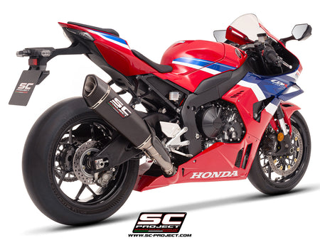 Honda CBR1000RR-R with SC-Project SC1-R (350mm) carbon fibre exhaust, 3/4 rear view