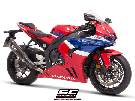 Honda CBR1000RR-R with SC-Project SC1-R (350mm) carbon fibre exhaust, 3/4 rear view