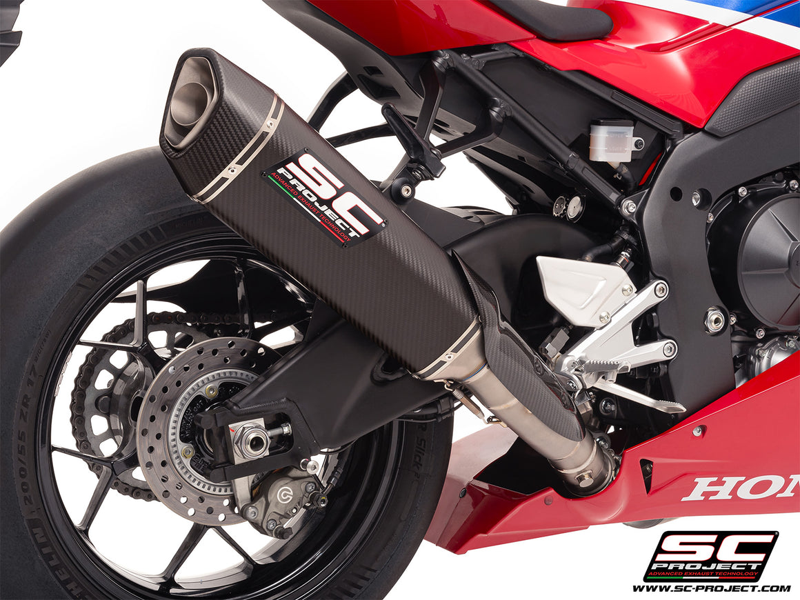 Honda CBR1000RR-R with SC-Project SC1-R (350mm) carbon fibre exhaust, 3/4 rear view