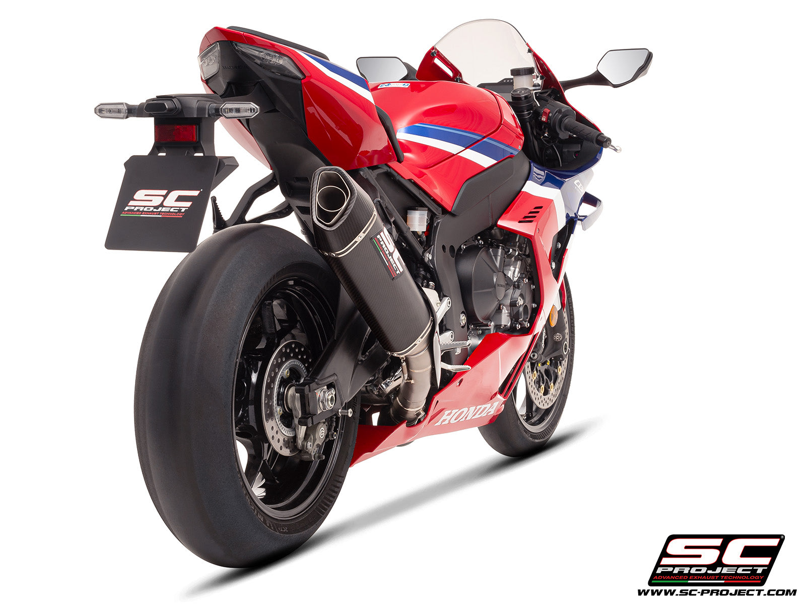 Honda CBR1000RR-R with SC-Project SC1-R (350mm) carbon fibre exhaust, 3/4 rear view