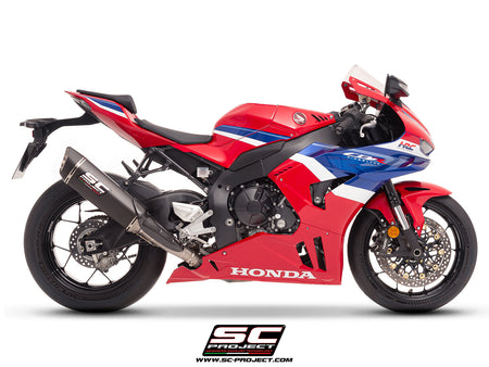 Honda CBR1000RR-R with SC-Project SC1-R (350mm) carbon fibre exhaust, 3/4 rear view