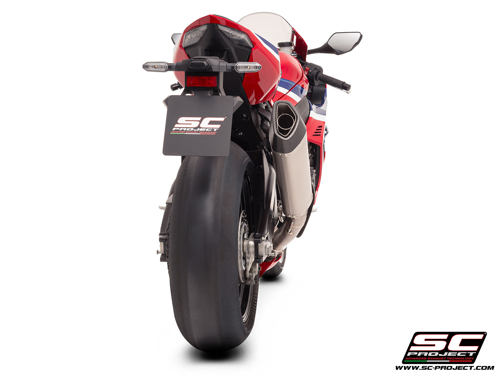 Honda CBR1000RR-R with SC-Project SC1-R (350mm) titanium exhaust, 3/4 rear view