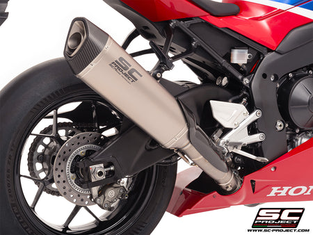 Honda CBR1000RR-R with SC-Project SC1-R (350mm) titanium exhaust, 3/4 rear view