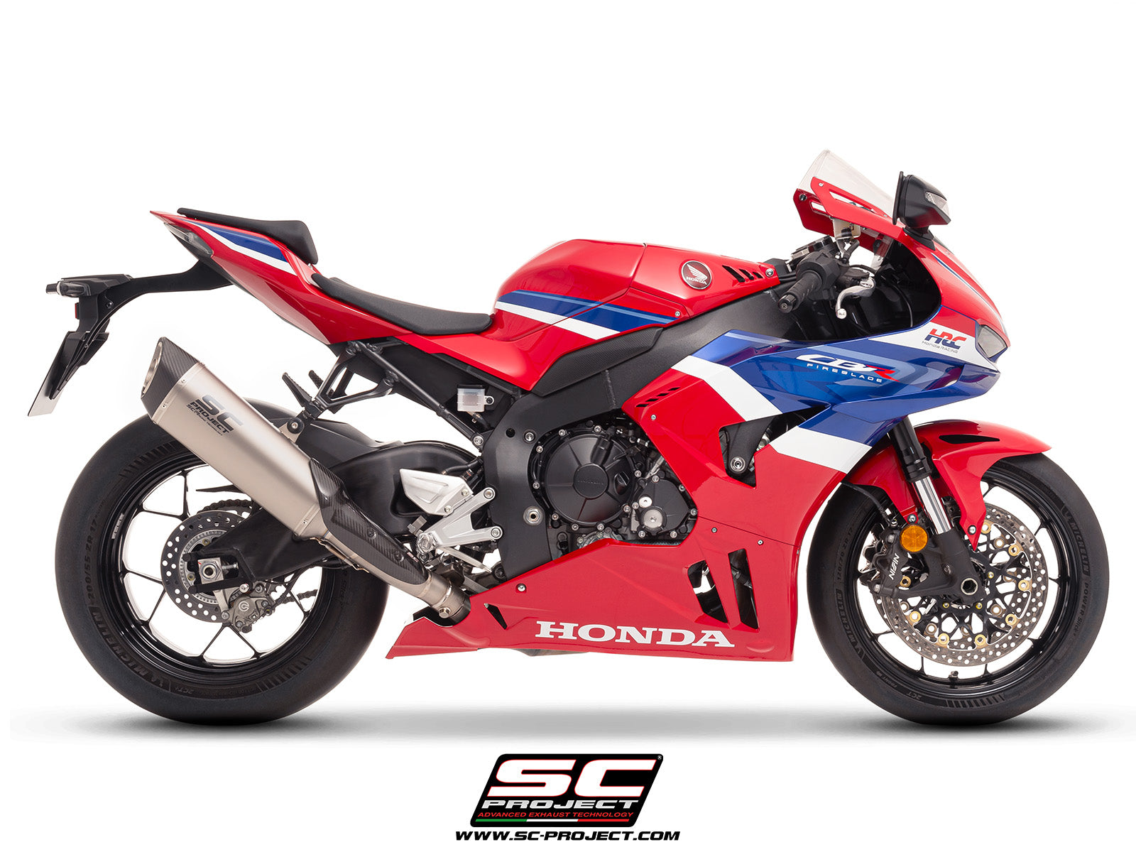 Honda CBR1000RR-R with SC-Project SC1-R (350mm) titanium exhaust, 3/4 rear view