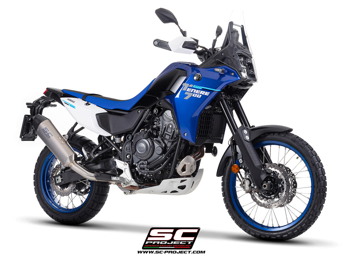 Yamaha Ténéré 700 with SC-Project X-Plorer II titanium exhaust, 3/4 rear view