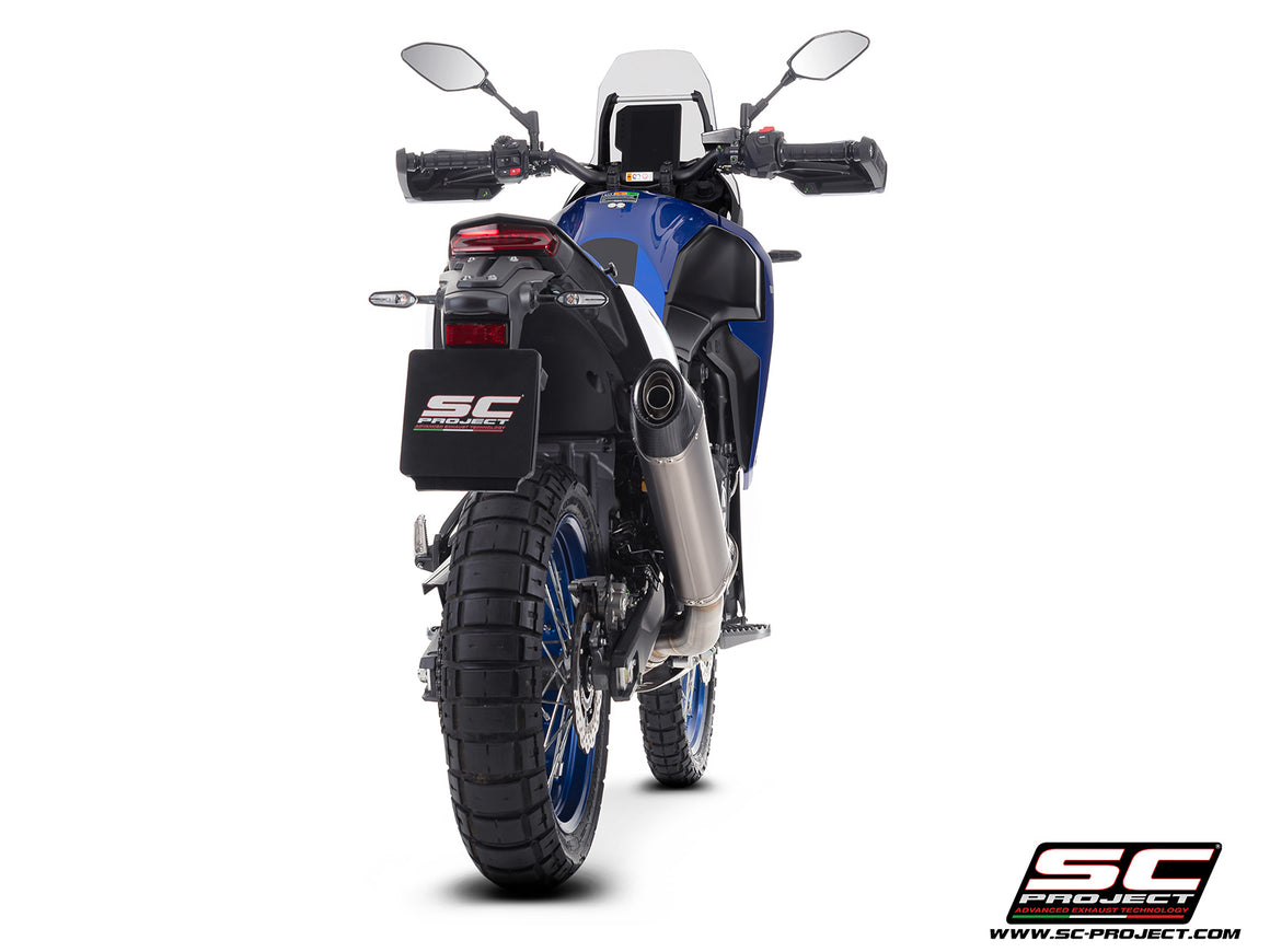 Yamaha Ténéré 700 with SC-Project X-Plorer II titanium exhaust, 3/4 rear view