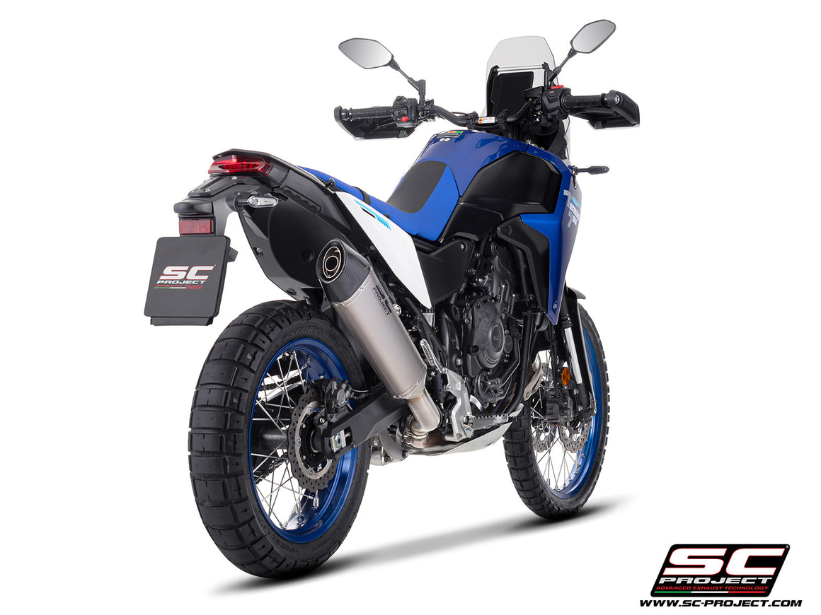 Yamaha Ténéré 700 with SC-Project X-Plorer II titanium exhaust, 3/4 rear view