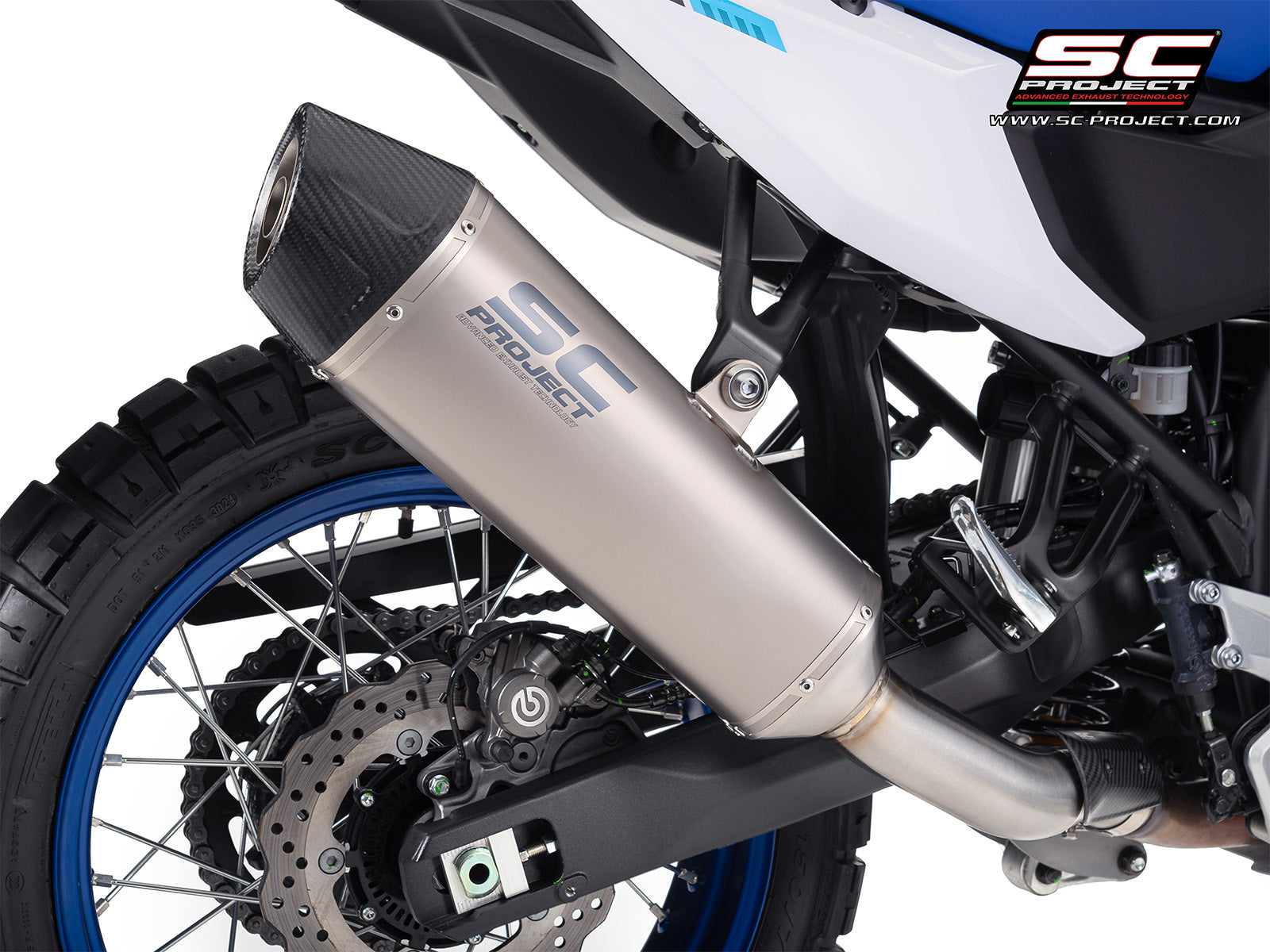 Yamaha Ténéré 700 with SC-Project X-Plorer II titanium exhaust, 3/4 rear view