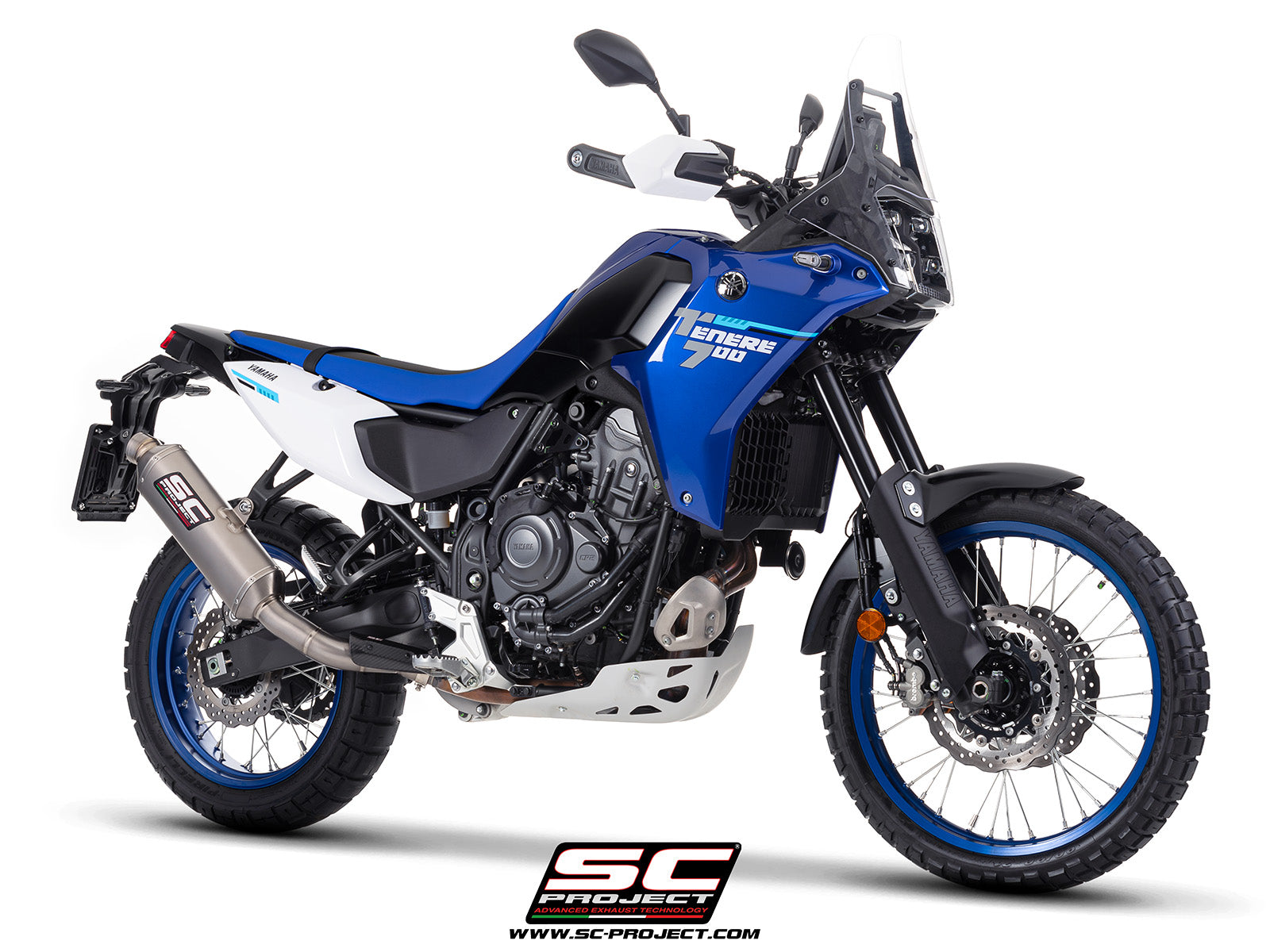 Yamaha Ténéré 700 with SC-Project Rally Raid titanium exhaust, 3/4 rear view