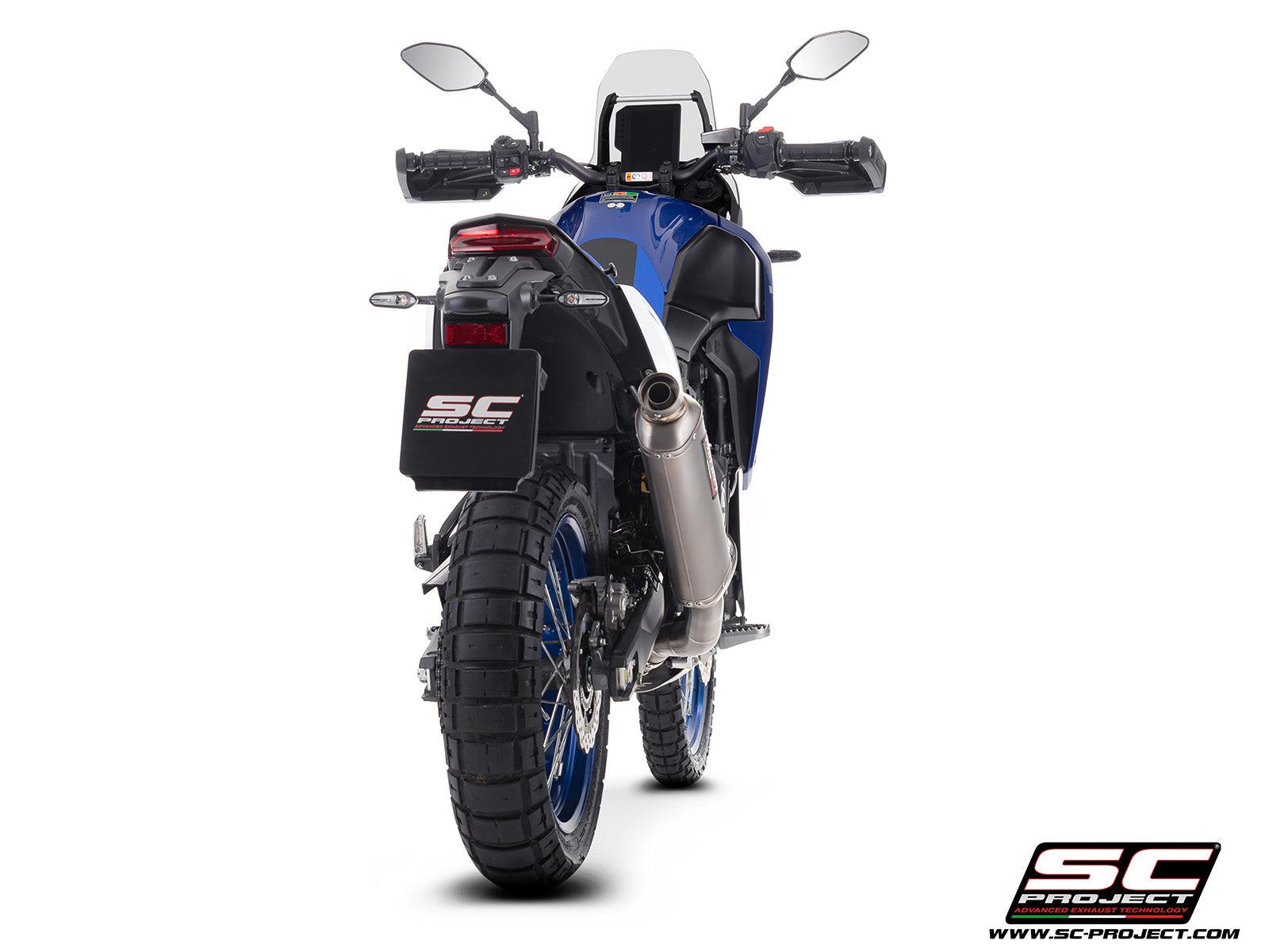Yamaha Ténéré 700 with SC-Project Rally Raid titanium exhaust, 3/4 rear view