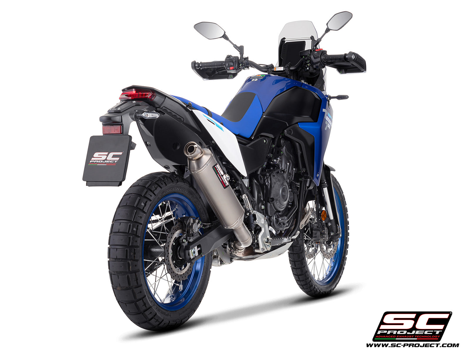 Yamaha Ténéré 700 with SC-Project Rally Raid titanium exhaust, 3/4 rear view