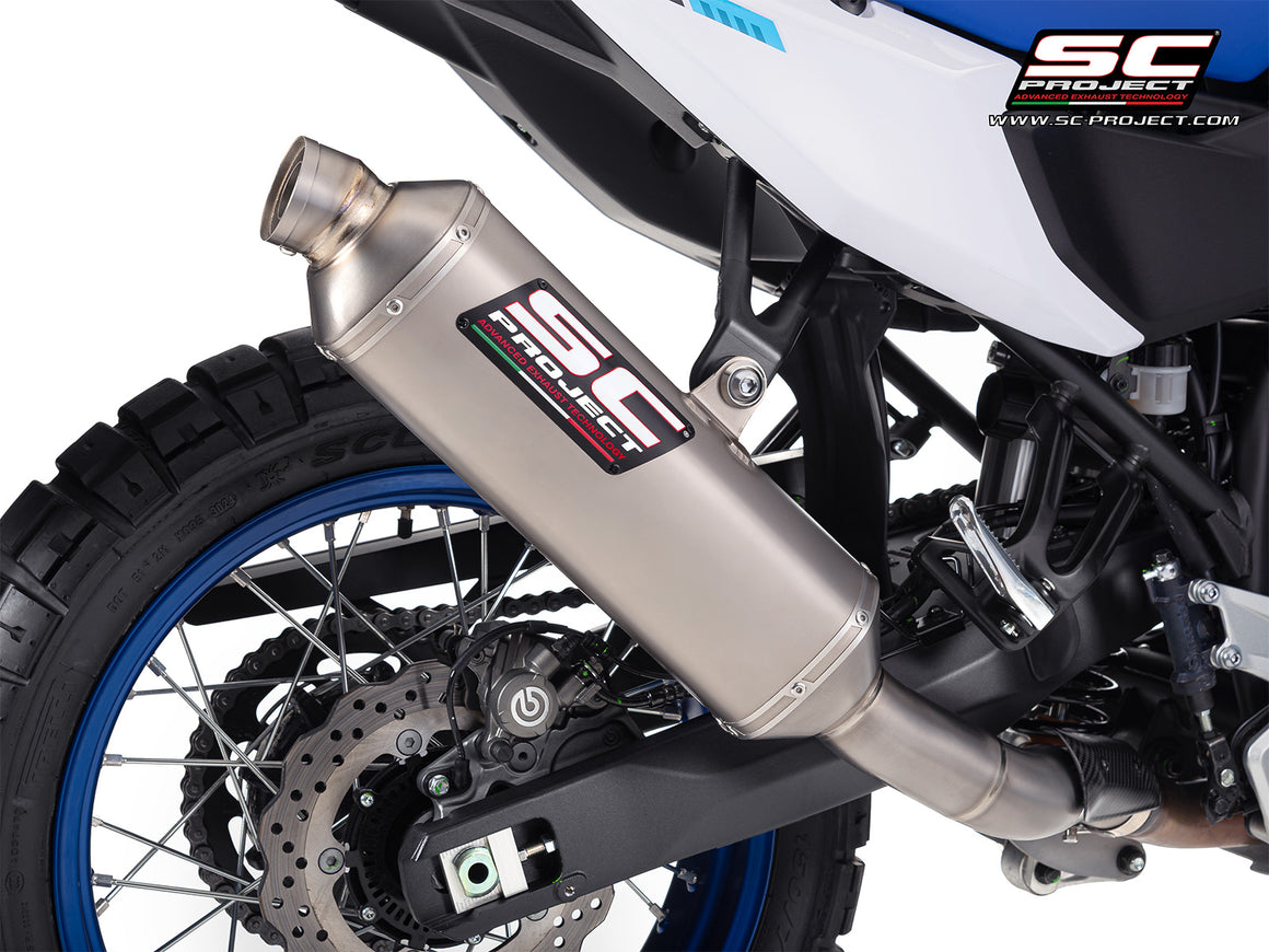 Yamaha Ténéré 700 with SC-Project Rally Raid titanium exhaust, 3/4 rear view