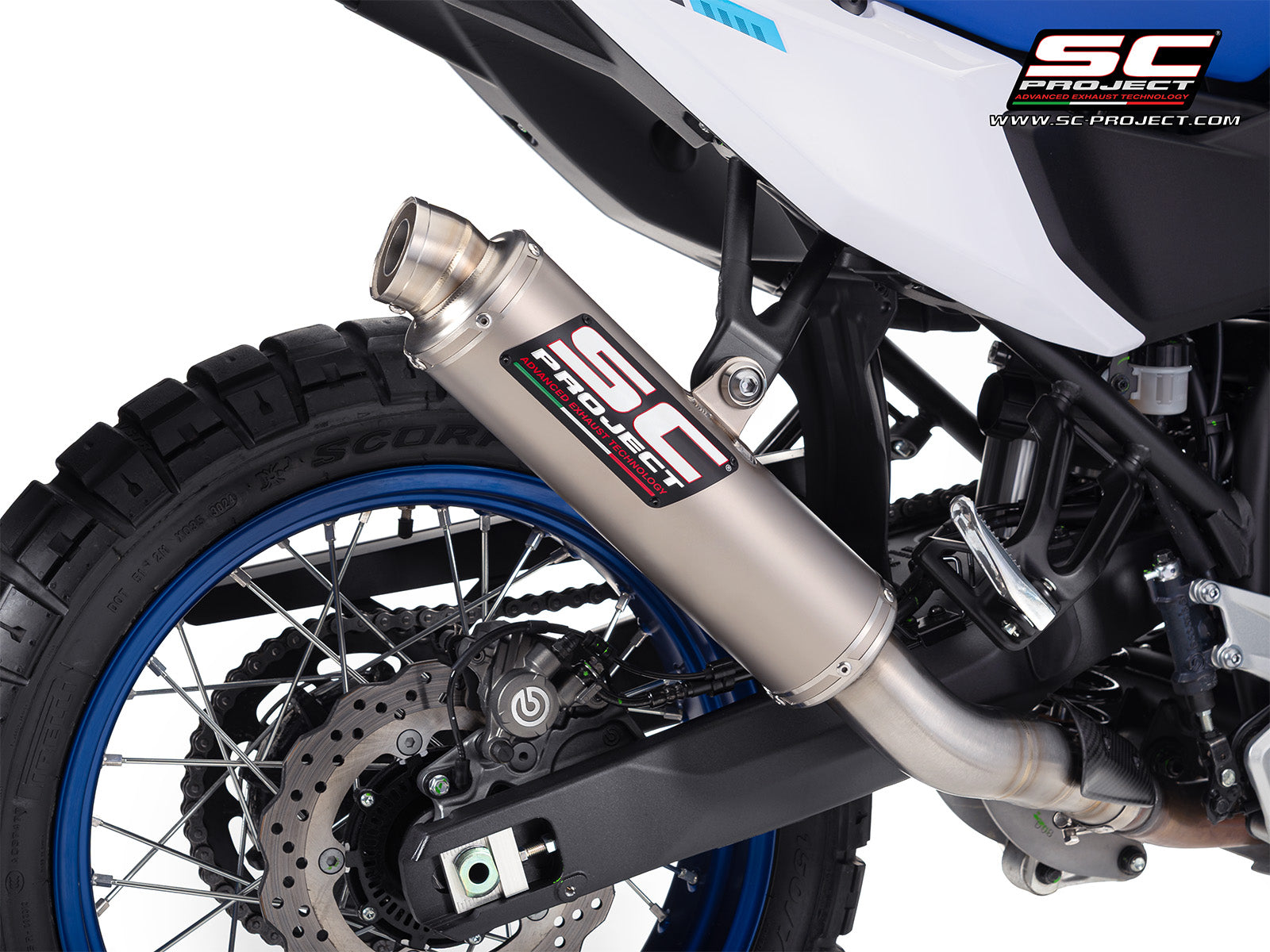 Yamaha Ténéré 700 with SC-Project Rally Race titanium exhaust, 3/4 rear view