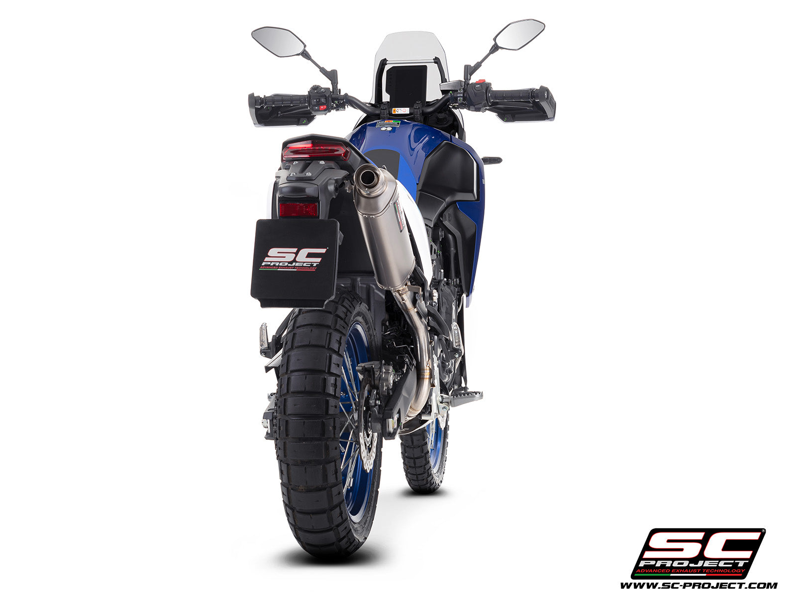 Yamaha Ténéré 700 with SC-Project Rally Raid titanium exhaust, 3/4 rear view