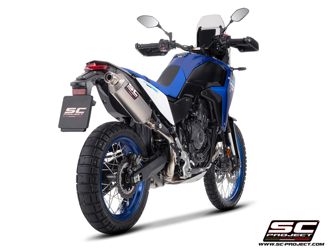 Yamaha Ténéré 700 with SC-Project Rally Raid titanium exhaust, 3/4 rear view