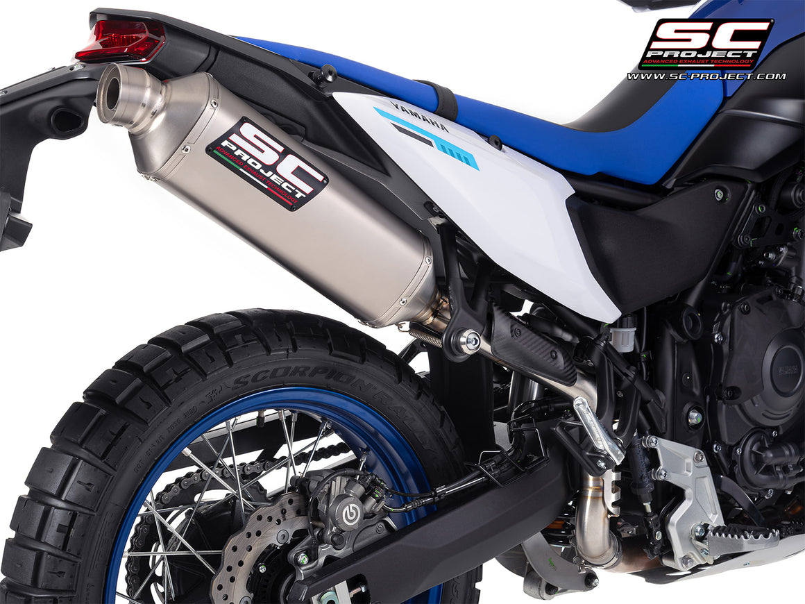 Yamaha Ténéré 700 with SC-Project Rally Raid titanium exhaust, 3/4 rear view