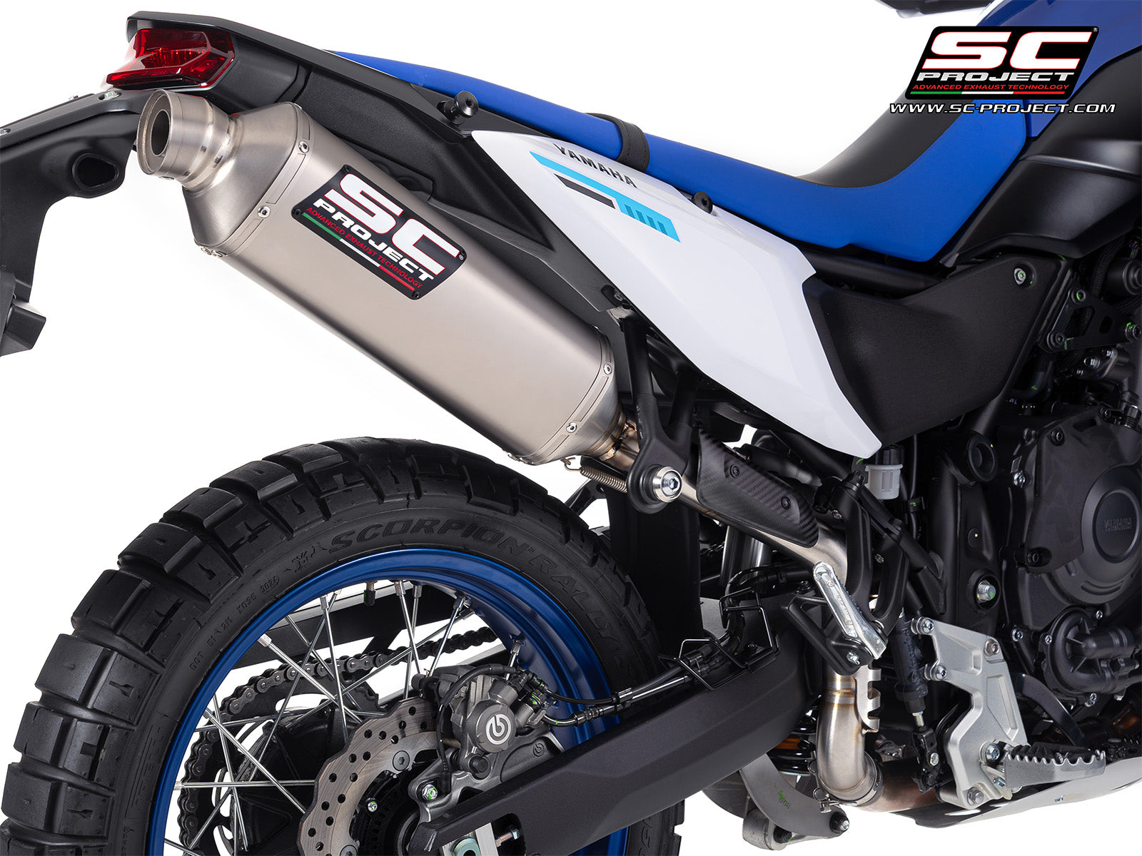 Yamaha Ténéré 700 with SC-Project Rally Raid titanium exhaust, 3/4 rear view