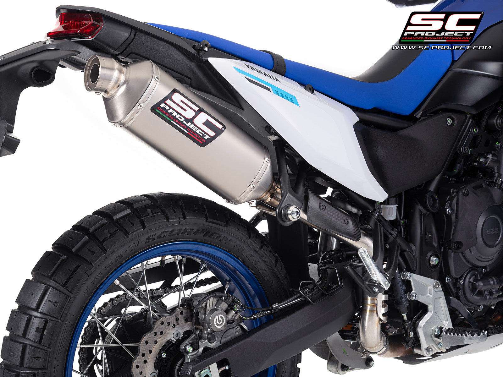 	Yamaha Ténéré 700 with SC-Project Rally Raid titanium exhaust, 3/4 rear view
