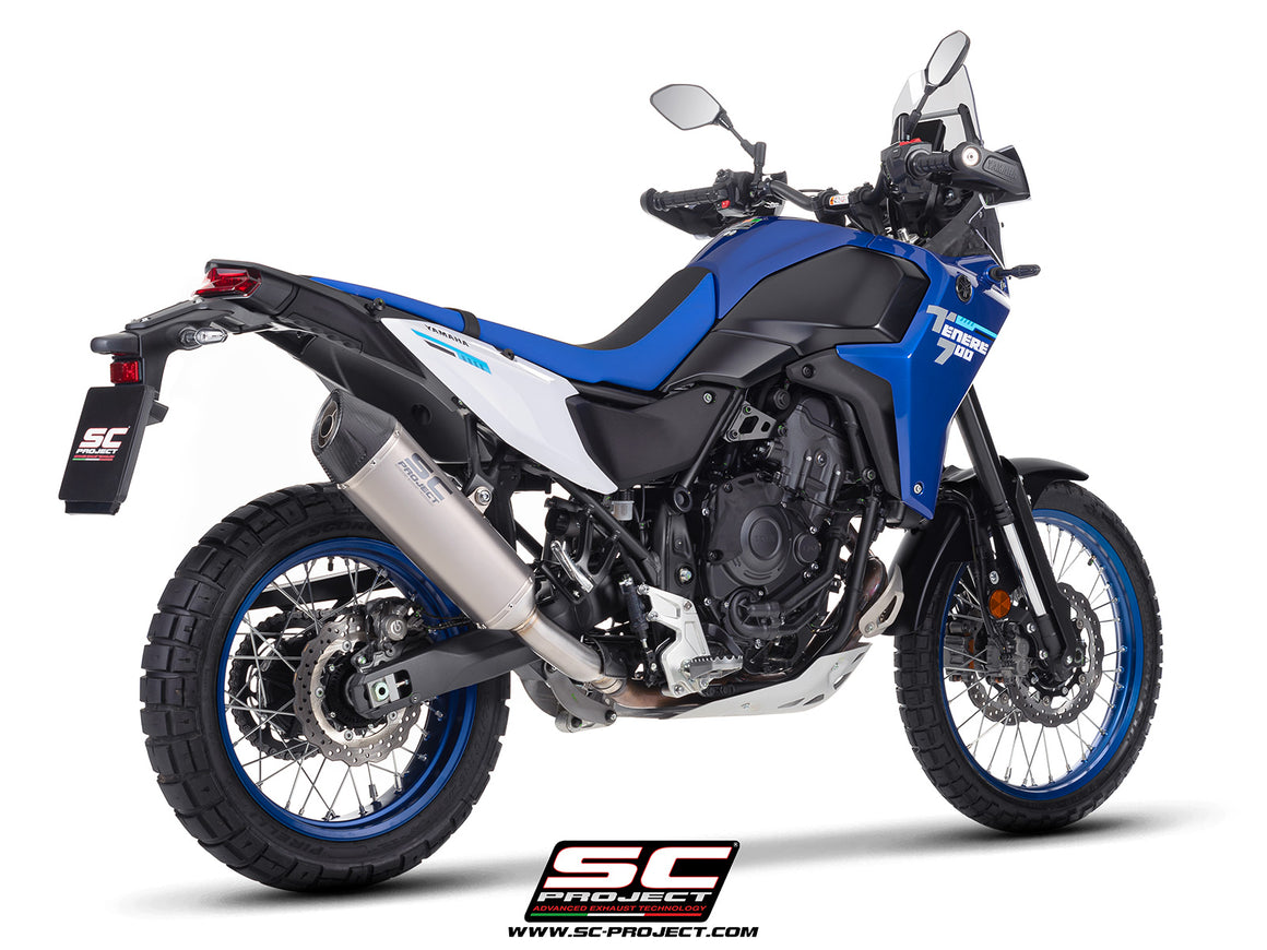 Yamaha Ténéré 700 with SC-Project X-Plorer II titanium exhaust, 3/4 rear view
