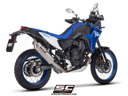 Yamaha Ténéré 700 with SC-Project Rally Raid titanium exhaust, 3/4 rear view