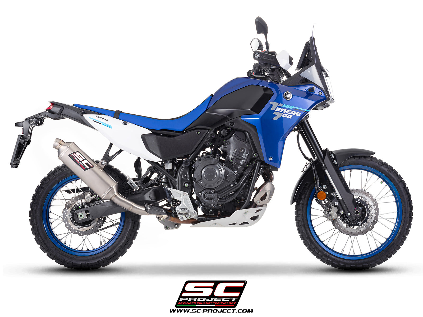 Yamaha Ténéré 700 with SC-Project Rally Raid titanium exhaust, 3/4 rear view