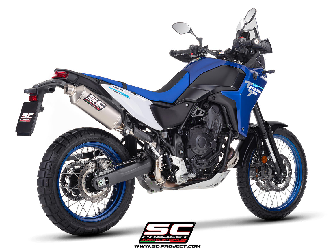 	Yamaha Ténéré 700 with SC-Project Rally Raid titanium exhaust, 3/4 rear view