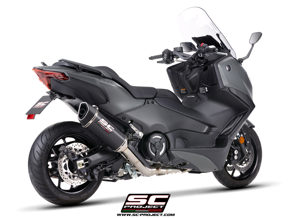 Yamaha TMax 560 with SC-Project full exhaust system stainless steel with SC1-R carbon fibre exhaust, 3/4 rear view