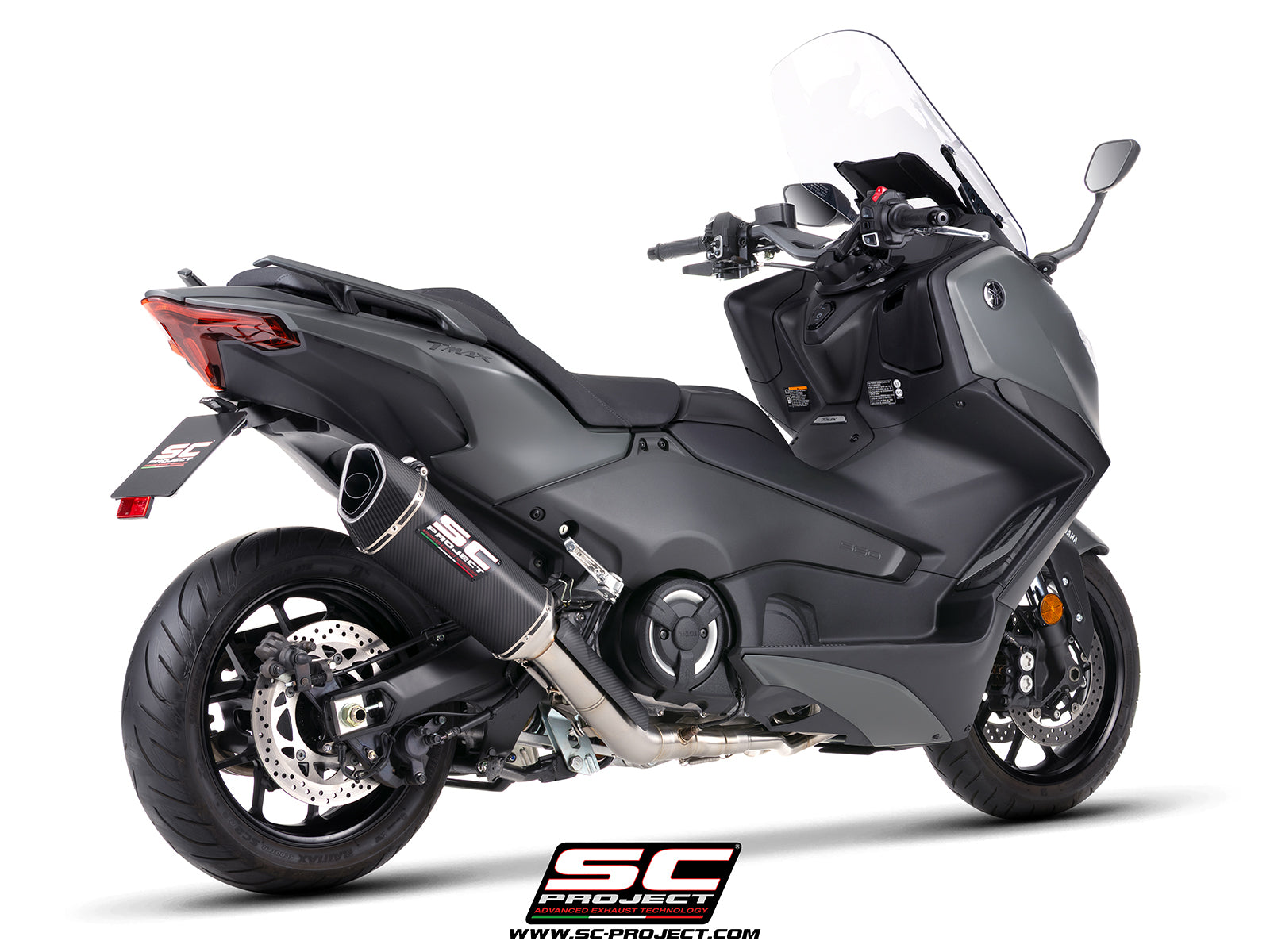 Yamaha TMax 560 with SC-Project full exhaust system stainless steel with SC1-R carbon fibre exhaust, 3/4 rear view