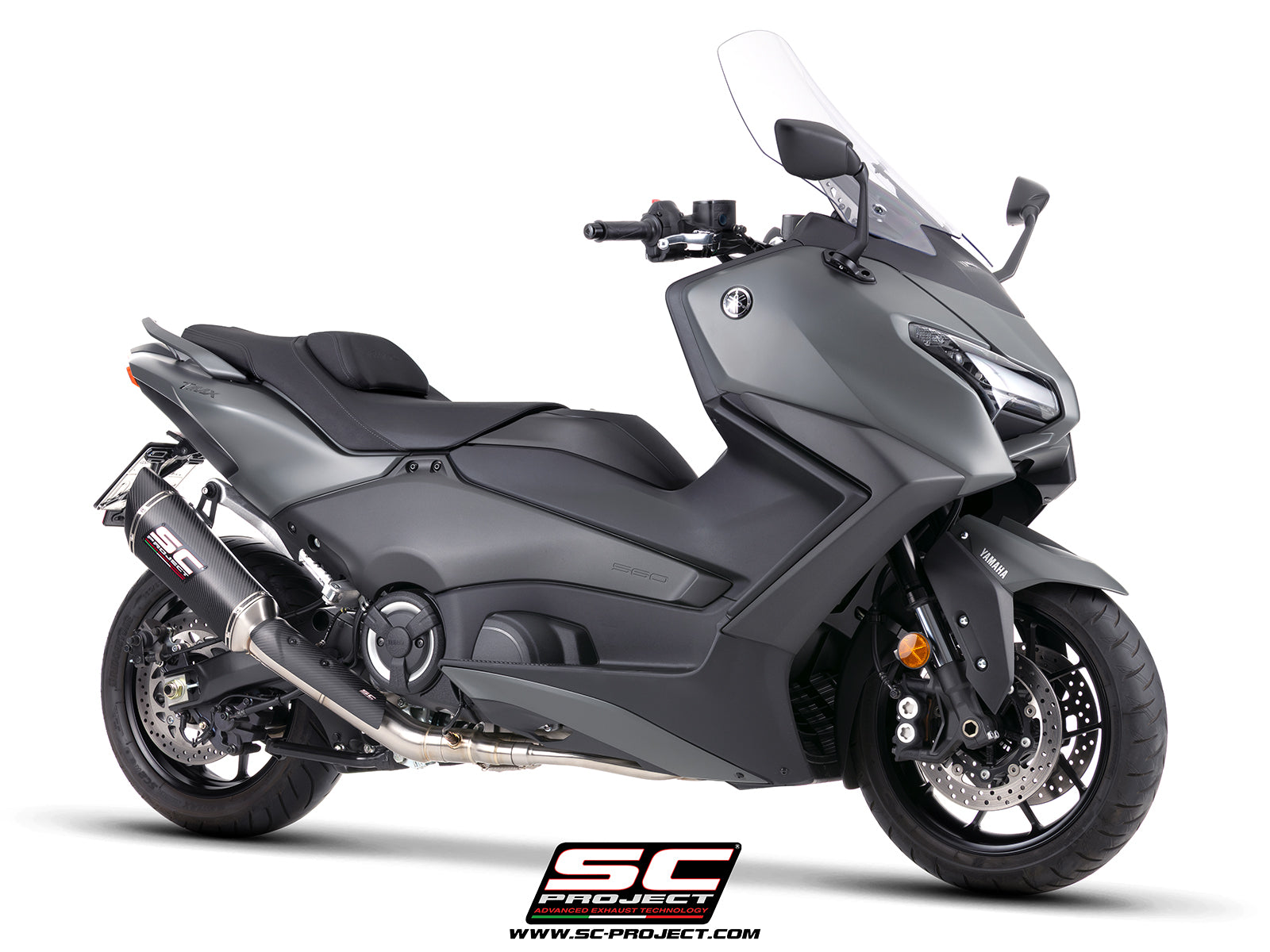 Yamaha TMax 560 with SC-Project full exhaust system stainless steel with SC1-R carbon fibre exhaust, 3/4 rear view